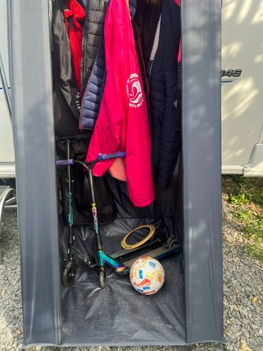 Keeps toys, coats and scooters stored out of the rain
