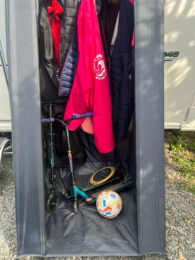 Keeps toys, coats and scooters stored out of the rain